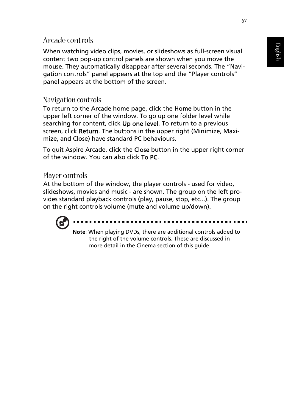 Arcade controls, Navigation controls, Player controls | Acer Aspire 1670 User Manual | Page 77 / 118