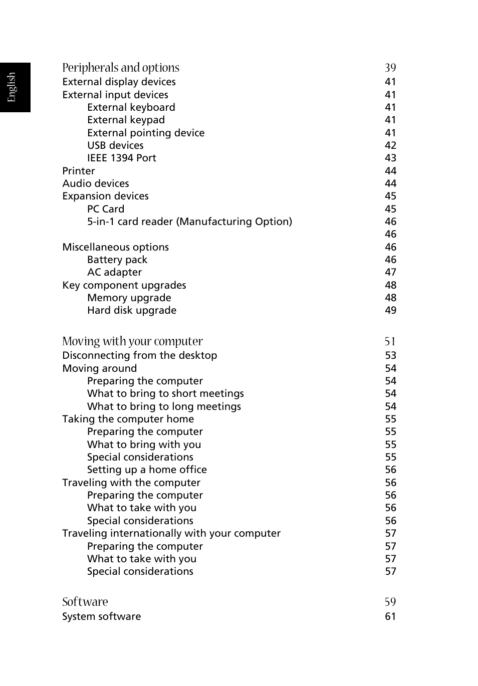 Peripherals and options 39, Moving with your computer 51, Software 59 | Acer Aspire 1670 User Manual | Page 8 / 118