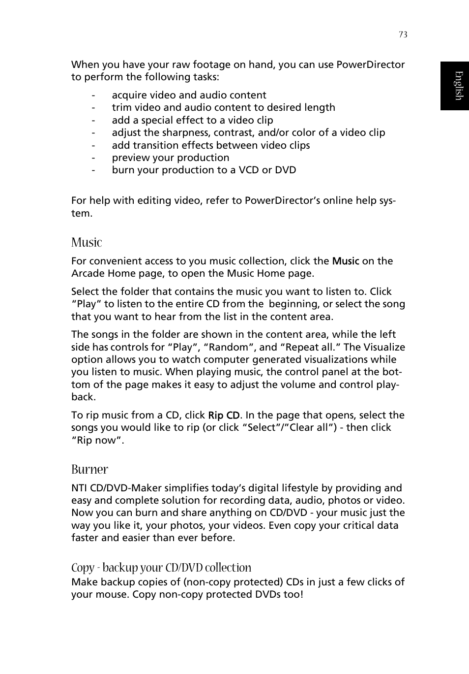 Music, Burner, Copy - backup your cd/dvd collection | Acer Aspire 1670 User Manual | Page 83 / 118