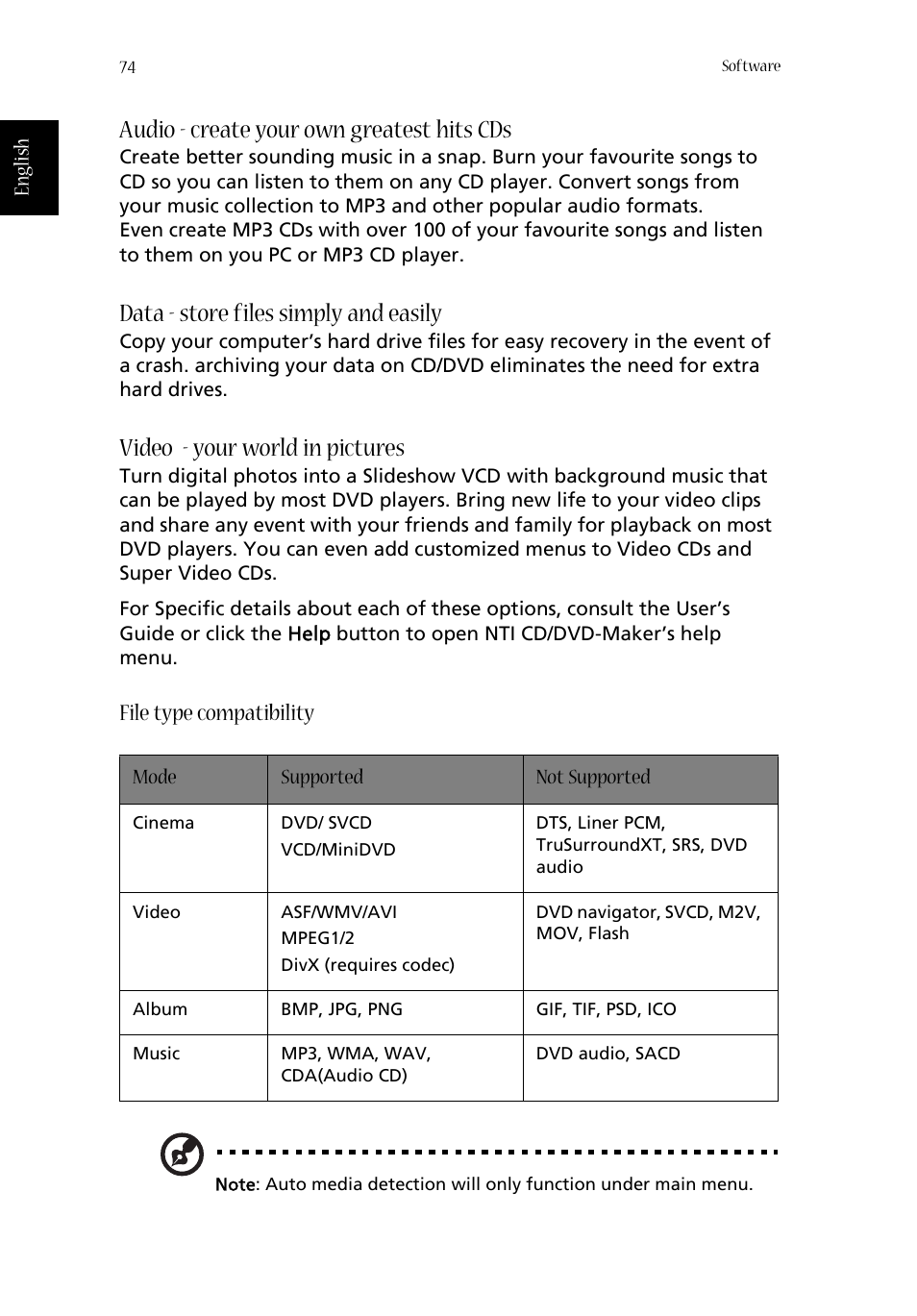 Audio - create your own greatest hits cds, Data - store files simply and easily, Video - your world in pictures | File type compatibility | Acer Aspire 1670 User Manual | Page 84 / 118