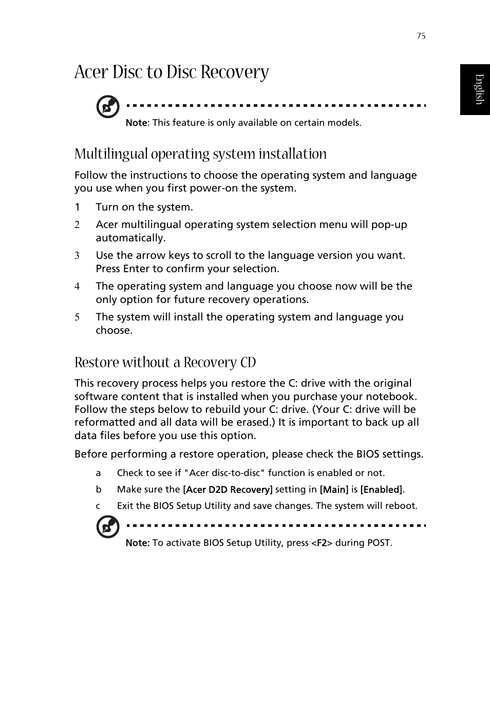 Acer disc to disc recovery, Multilingual operating system installation, Restore without a recovery cd | Acer Aspire 1670 User Manual | Page 85 / 118