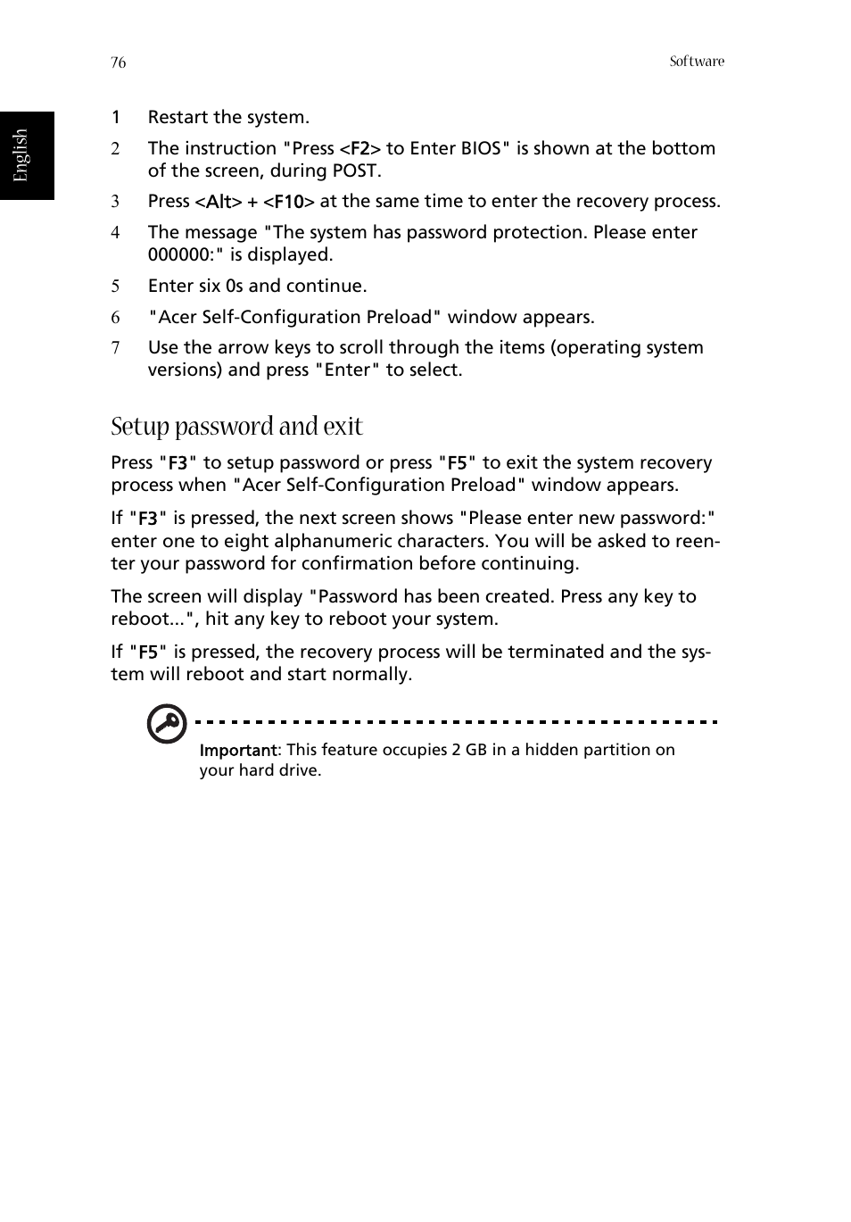 Setup password and exit | Acer Aspire 1670 User Manual | Page 86 / 118