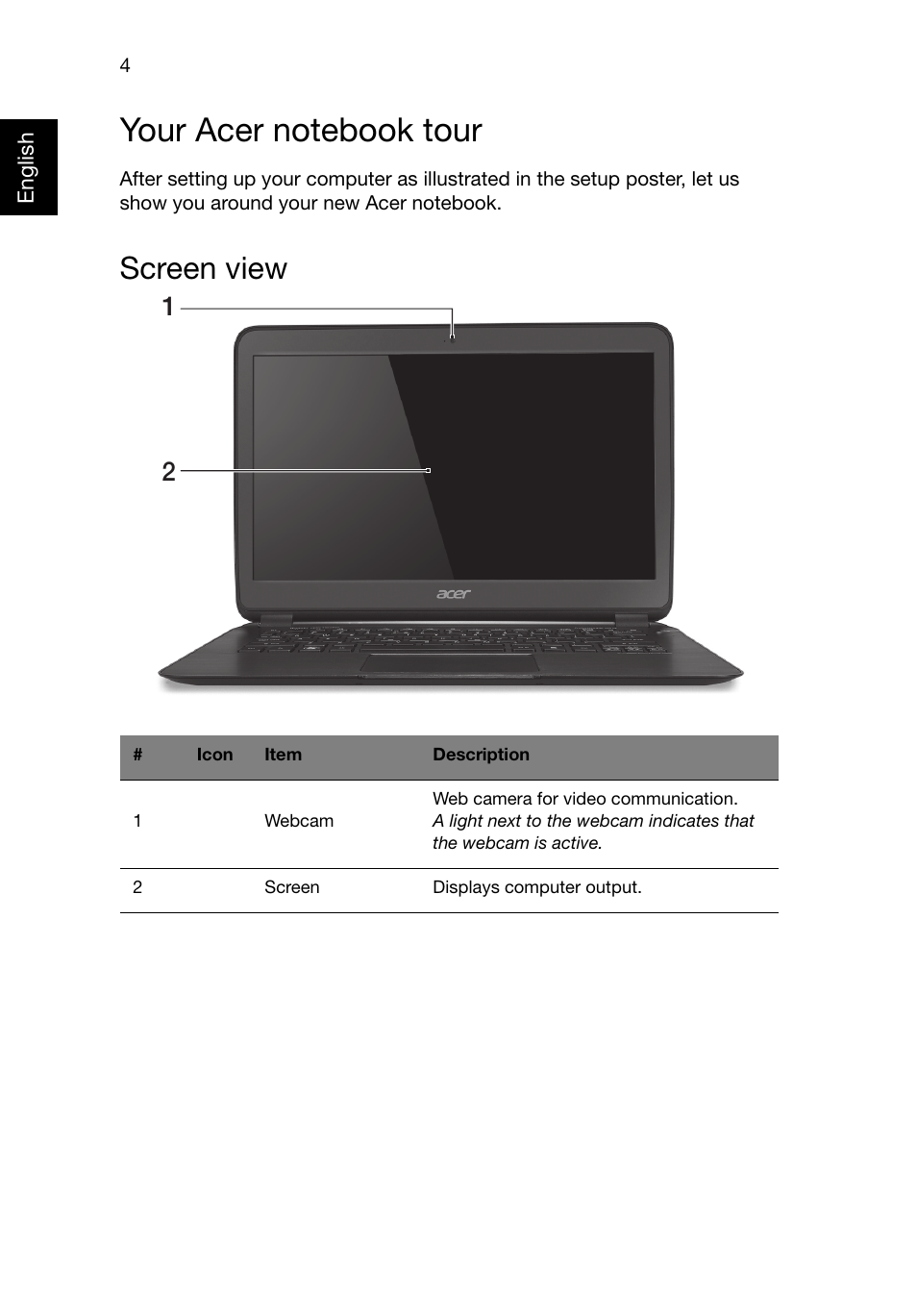 Your acer notebook tour, Screen view | Acer Aspire S5-391 User Manual | Page 4 / 11