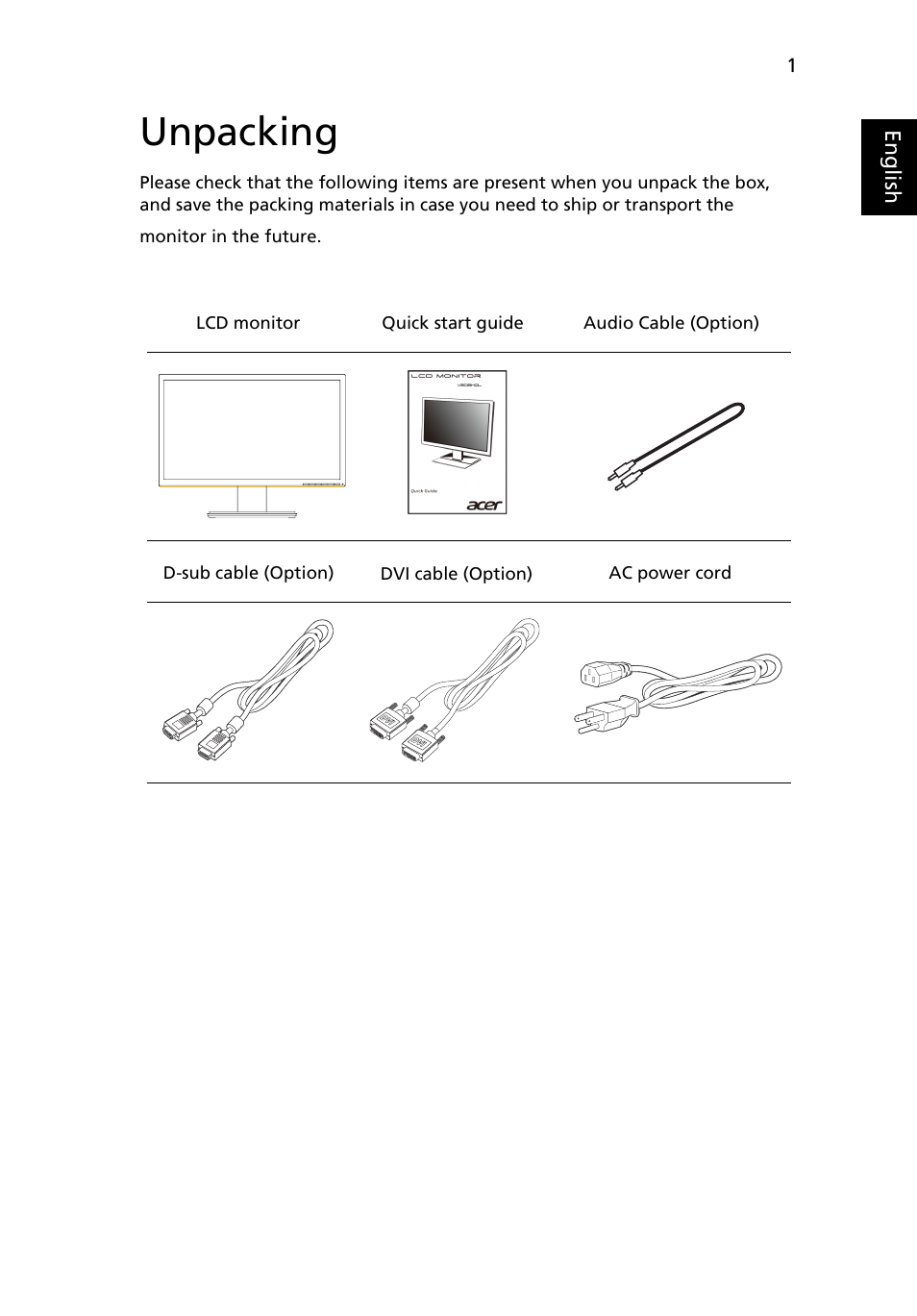 Unpacking | Acer V206HQL User Manual | Page 13 / 27