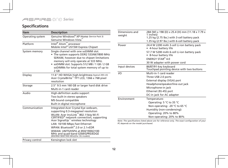 Specifications, Series | Acer AO751h User Manual | Page 12 / 12