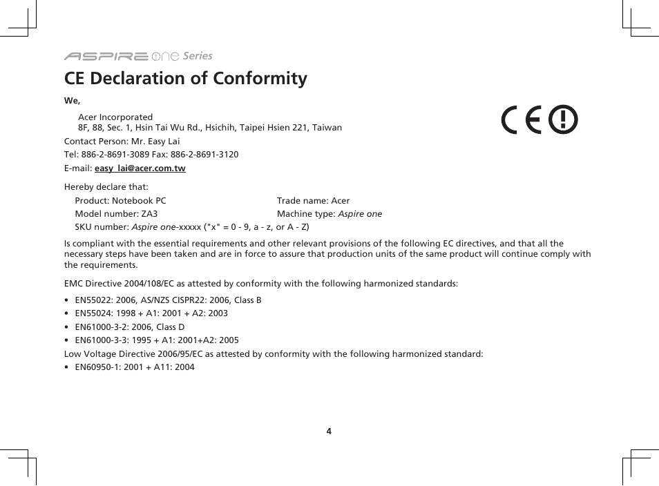 Ce declaration of conformity | Acer AO751h User Manual | Page 4 / 12
