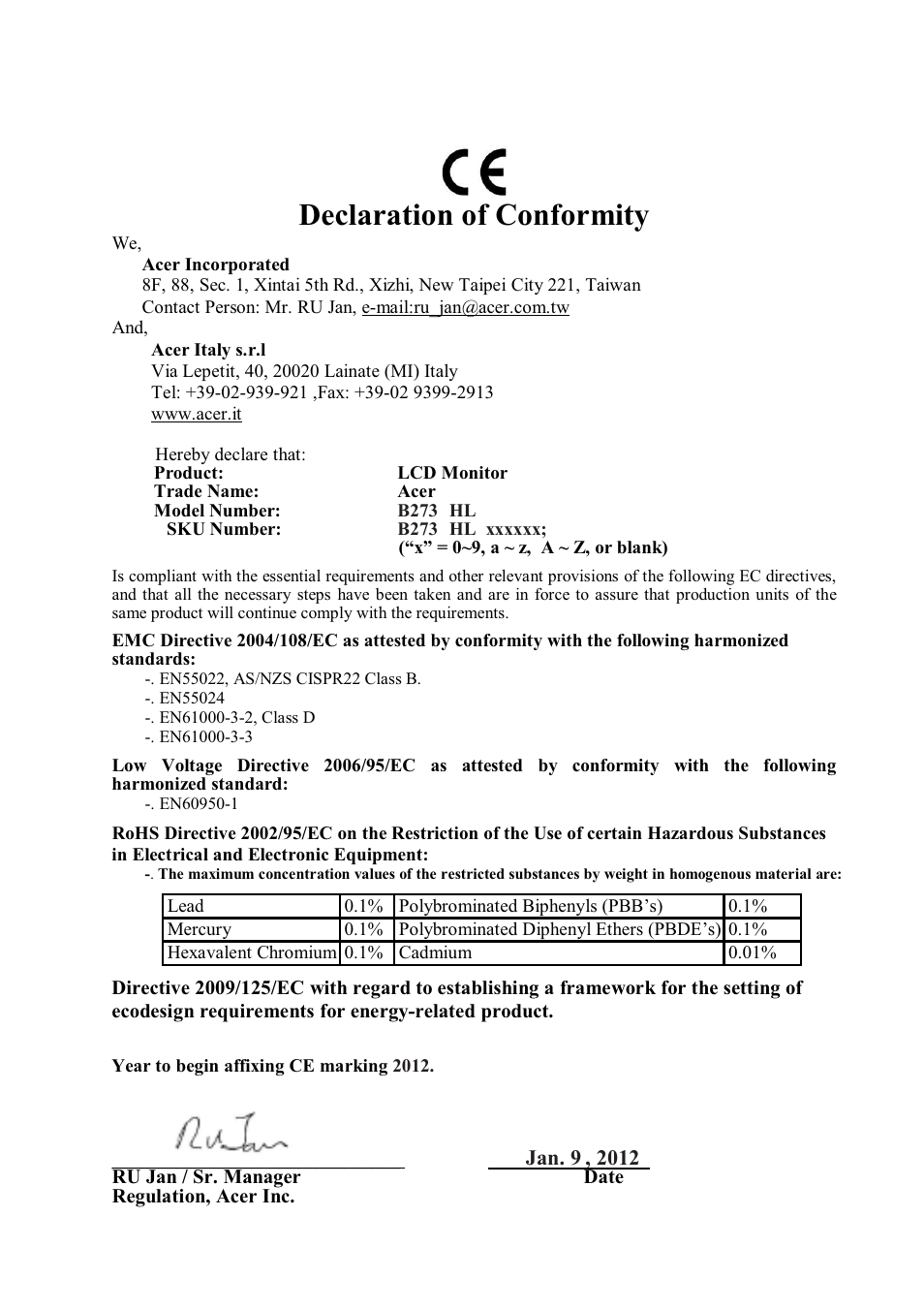 Declaration of conformity | Acer B273PHL User Manual | Page 23 / 24