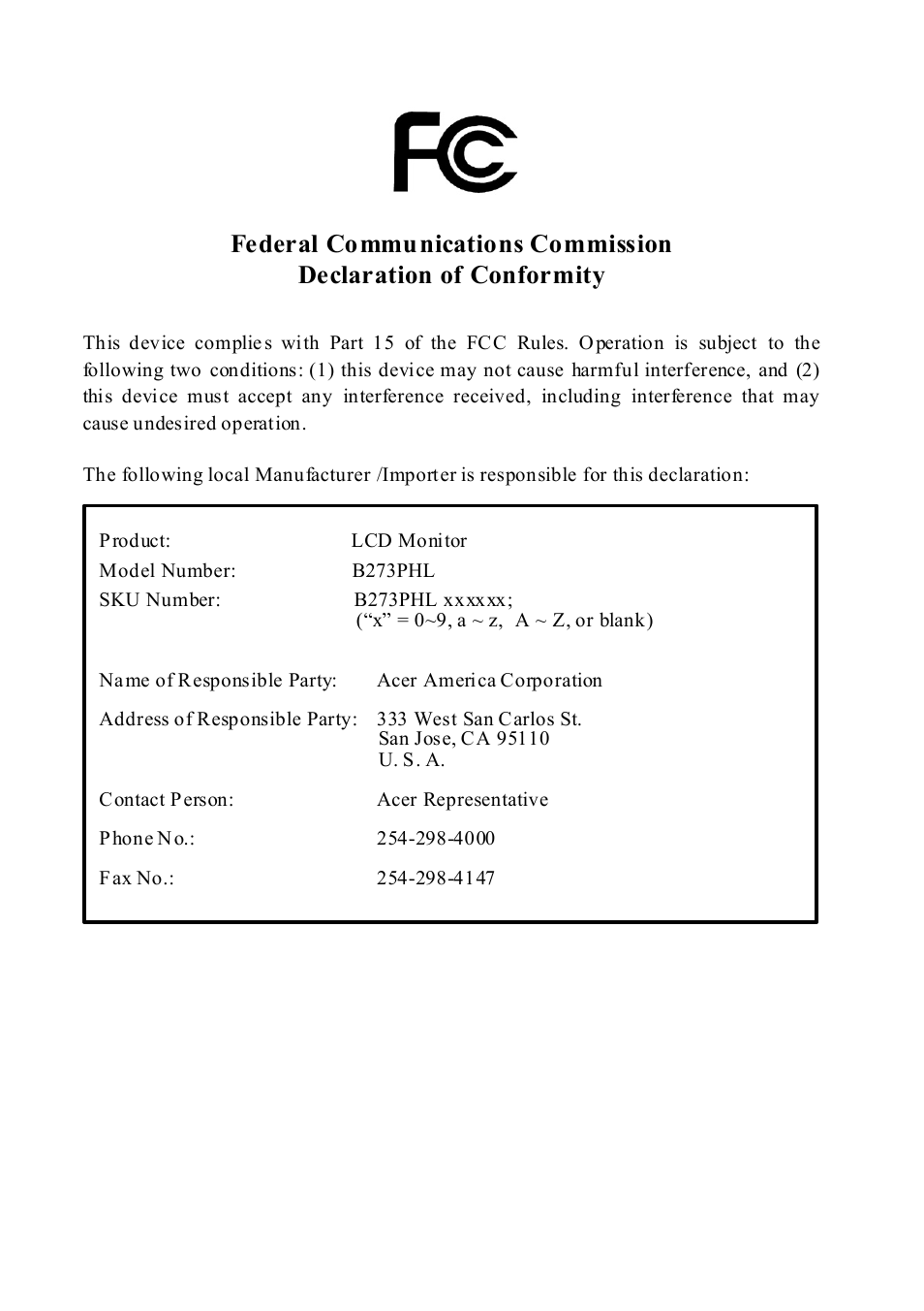 Acer B273PHL User Manual | Page 24 / 24