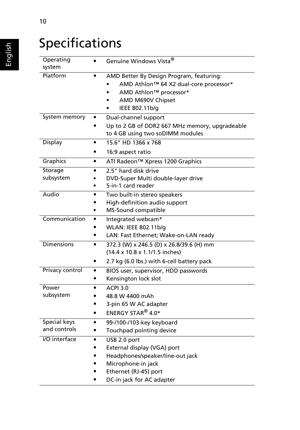 Specifications | Acer Aspire 5516 User Manual | Page 10 / 11