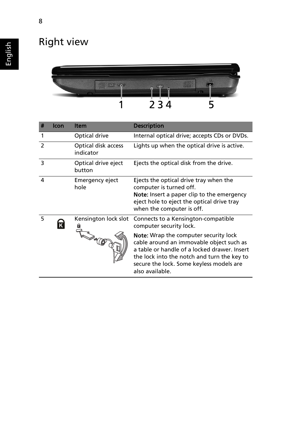 Right view | Acer Aspire 5516 User Manual | Page 8 / 11