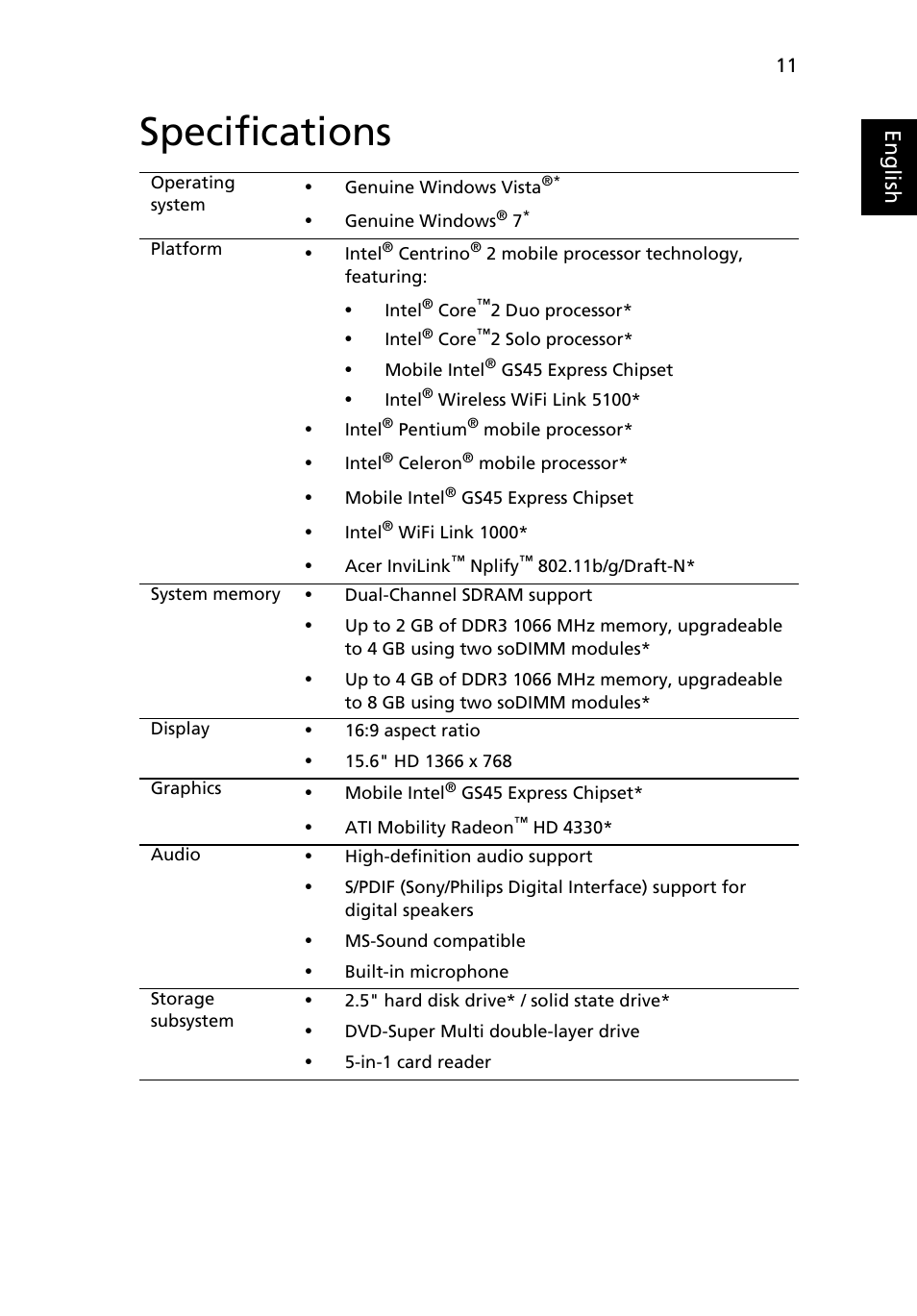 Specifications, Eng lis h | Acer Aspire 5810T User Manual | Page 11 / 13