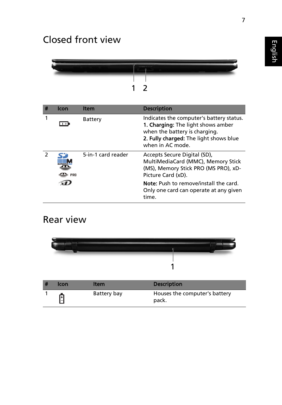 Closed front view, Rear view, Closed front view rear view | Acer Aspire 5810T User Manual | Page 7 / 13