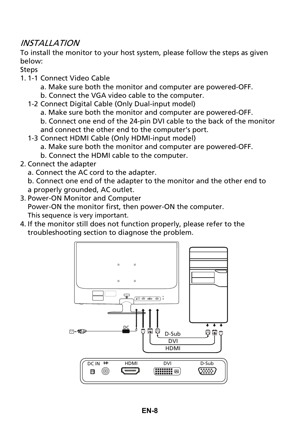 Installation, En-8, This sequence is very important | Acer G276HL User Manual | Page 17 / 28