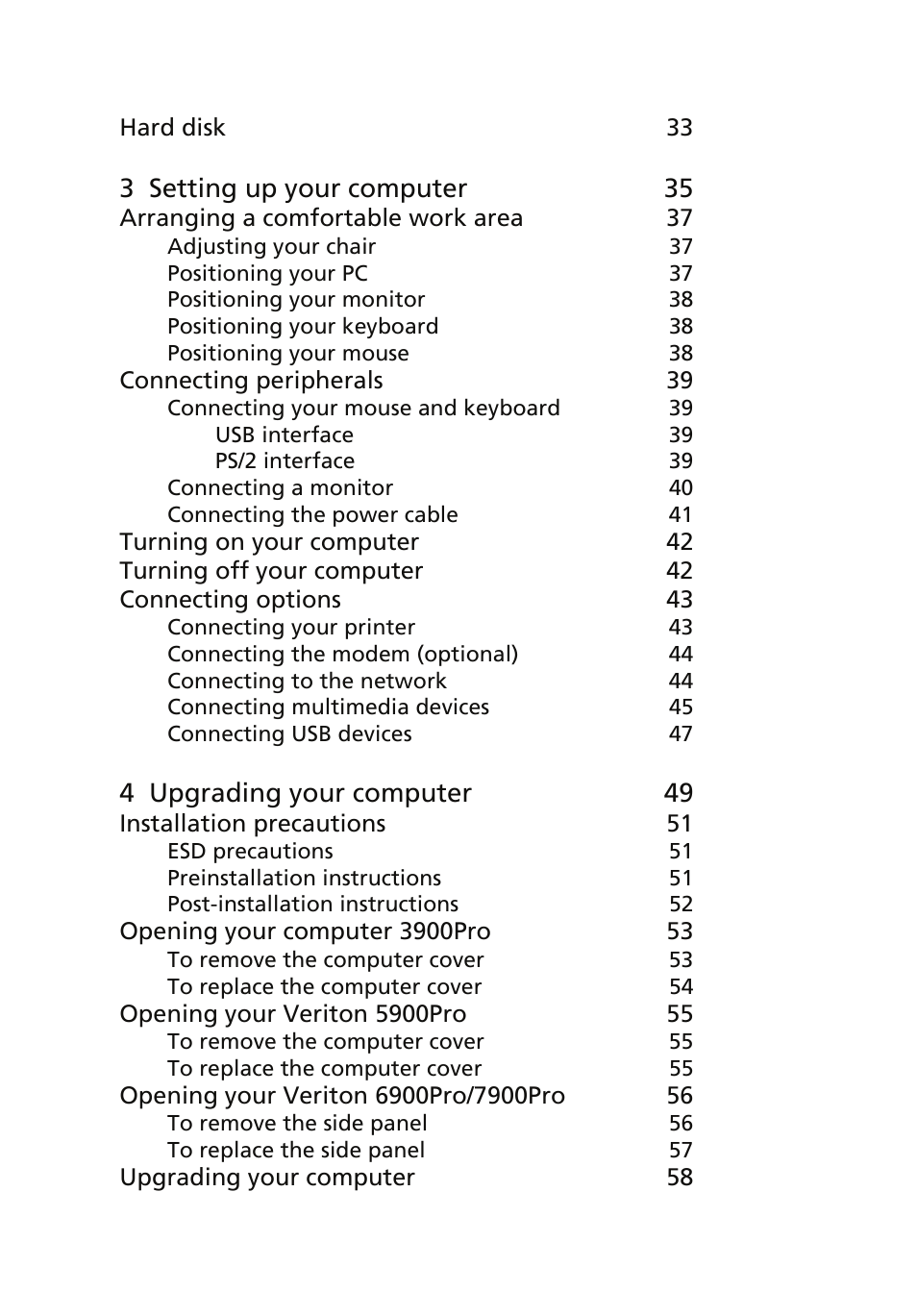 3 setting up your computer 35, 4 upgrading your computer 49 | Acer Veriton 6900Pro User Manual | Page 10 / 102