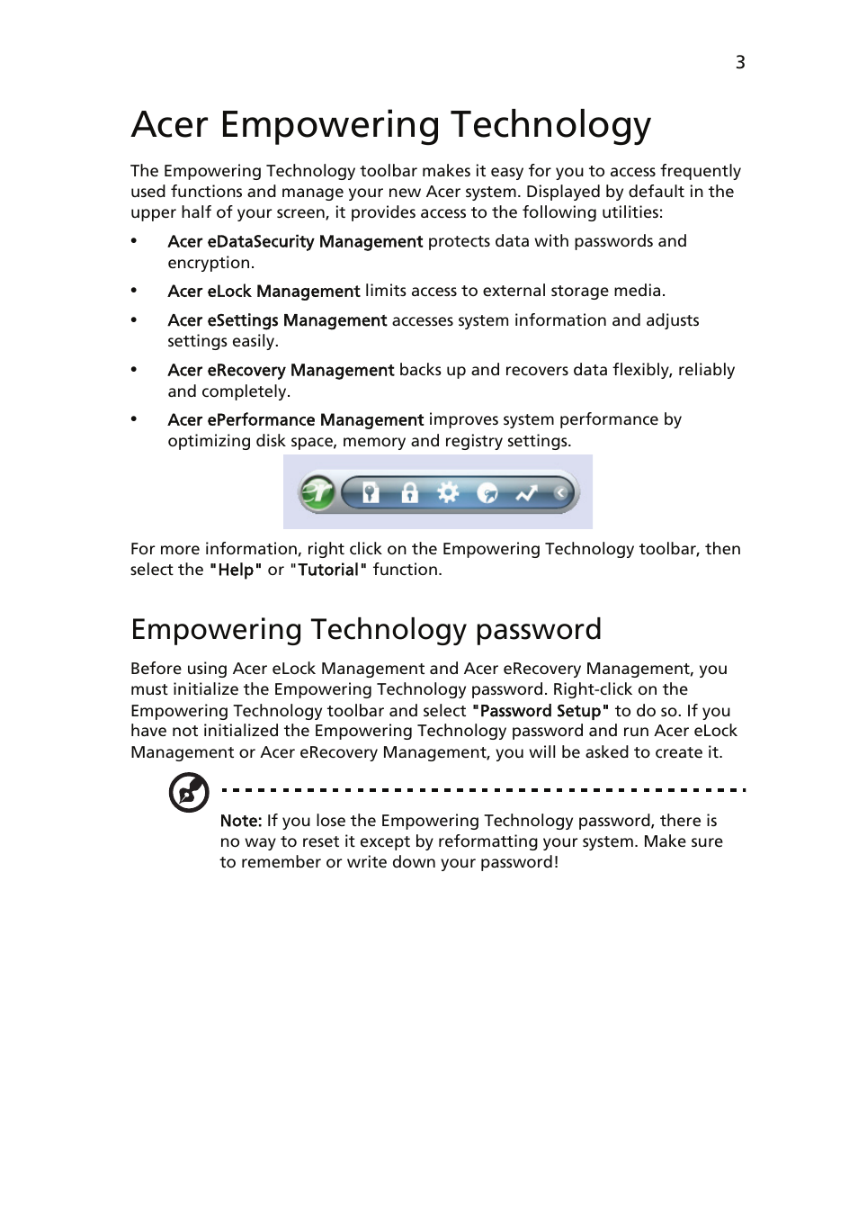 Acer empowering technology, Empowering technology password | Acer Veriton 6900Pro User Manual | Page 15 / 102