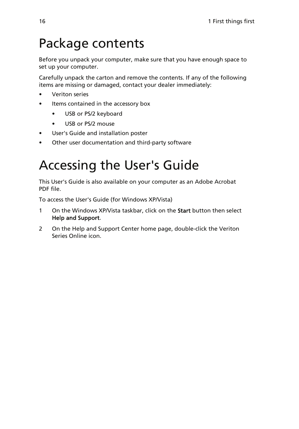 Package contents, Accessing the user's guide | Acer Veriton 6900Pro User Manual | Page 28 / 102