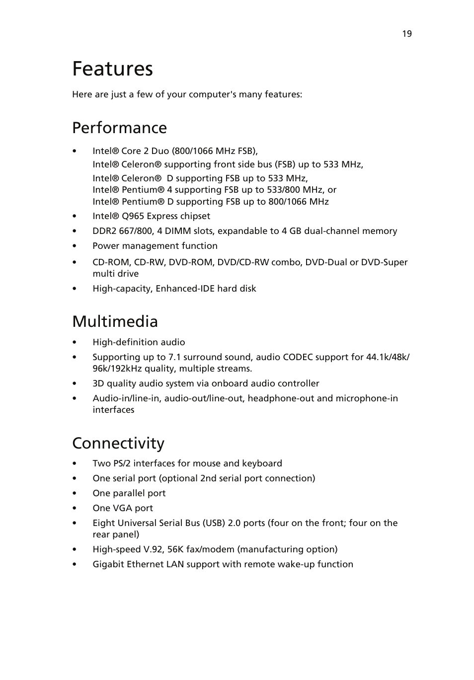 Features, Performance, Multimedia | Connectivity | Acer Veriton 6900Pro User Manual | Page 31 / 102