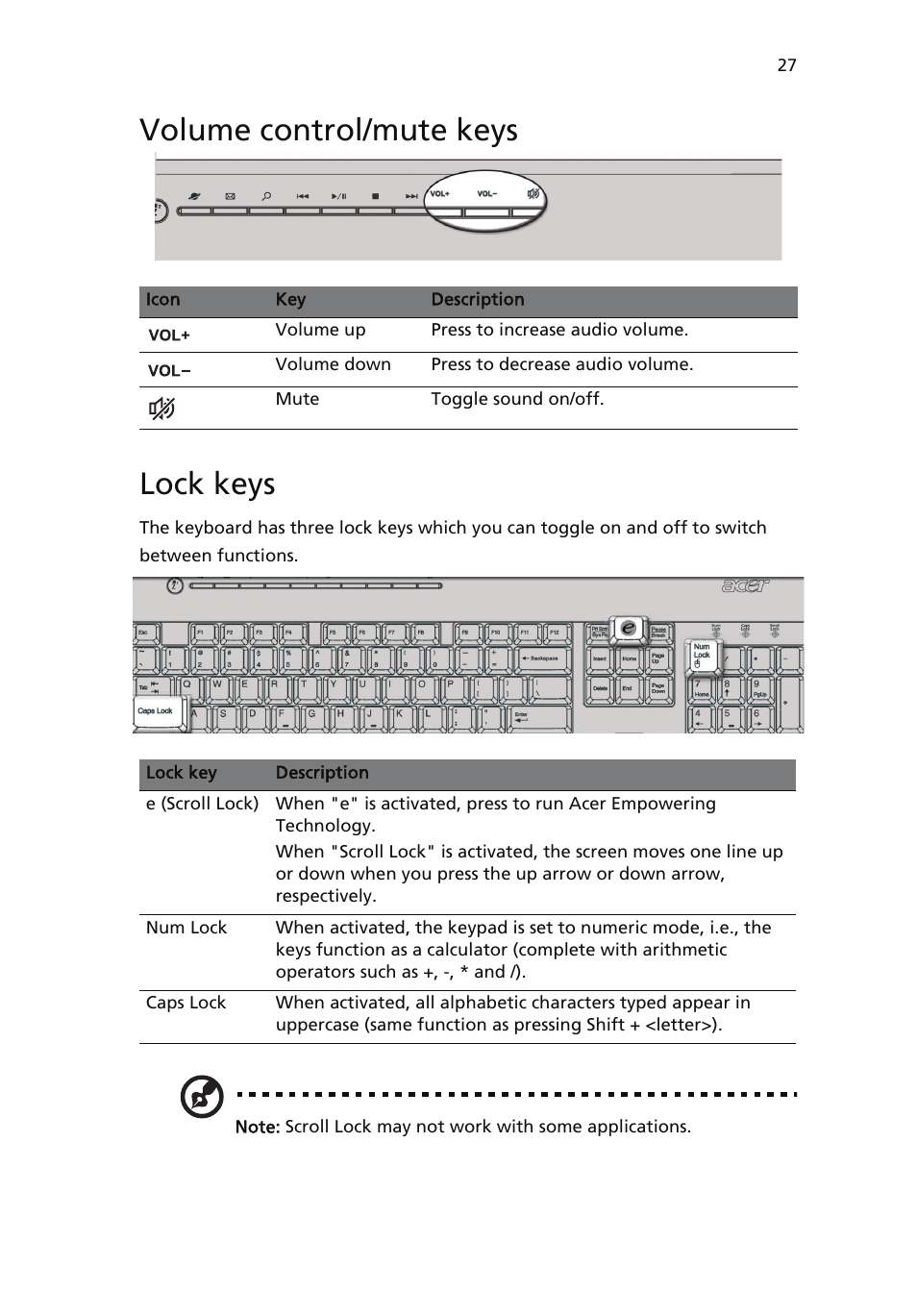 Volume control/mute keys, Lock keys, Volume control/mute keys lock keys | Acer Veriton 6900Pro User Manual | Page 39 / 102