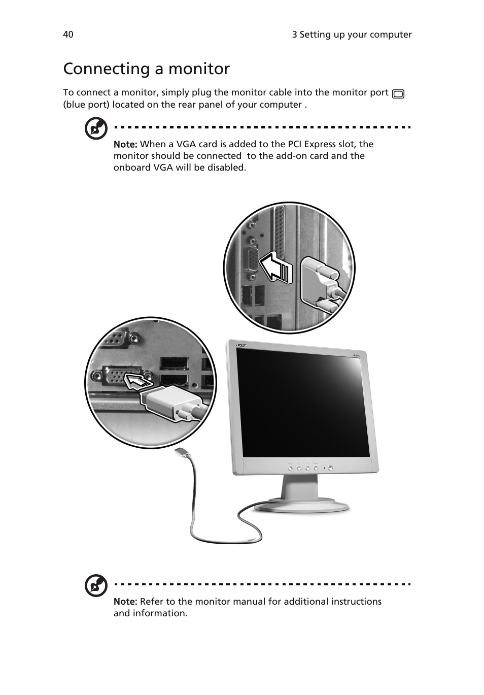 Connecting a monitor | Acer Veriton 6900Pro User Manual | Page 52 / 102