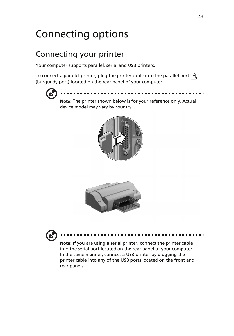 Connecting options, Connecting your printer | Acer Veriton 6900Pro User Manual | Page 55 / 102