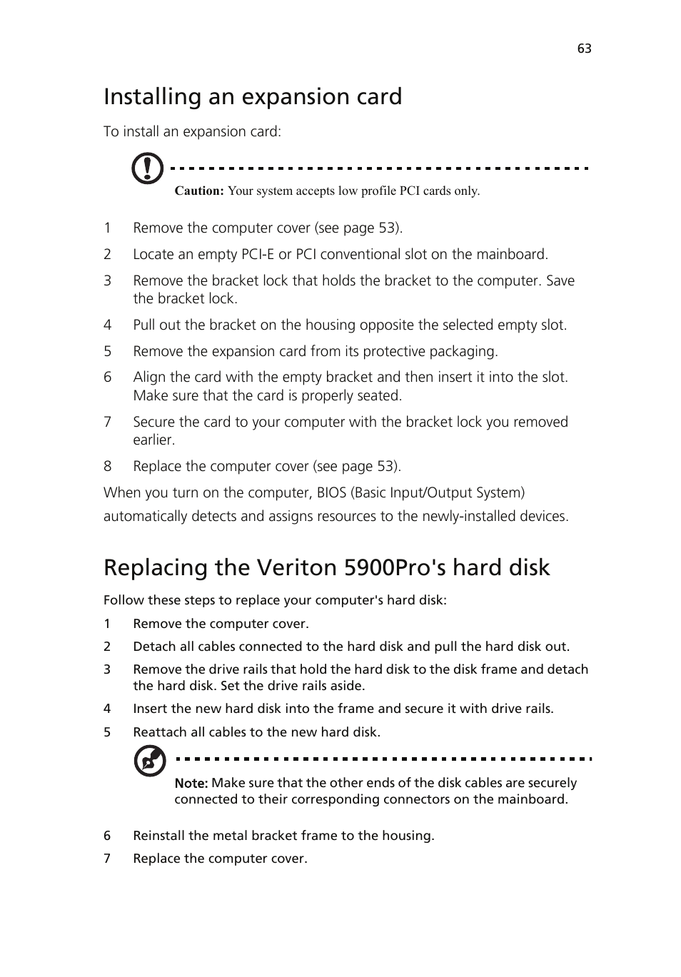 Installing an expansion card, Replacing the veriton 5900pro's hard disk | Acer Veriton 6900Pro User Manual | Page 75 / 102