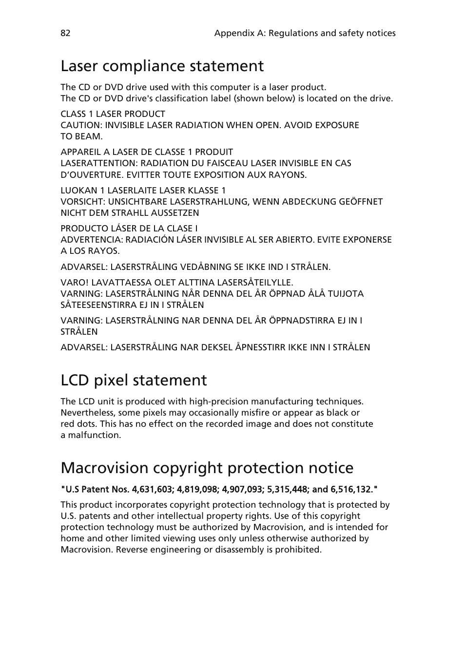 Laser compliance statement, Lcd pixel statement, Macrovision copyright protection notice | Modem notices | Acer Veriton 6900Pro User Manual | Page 94 / 102