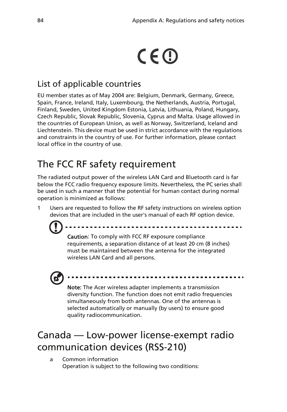 The fcc rf safety requirement, European union (eu), Canada — low-power license-exempt radio | List of applicable countries | Acer Veriton 6900Pro User Manual | Page 96 / 102