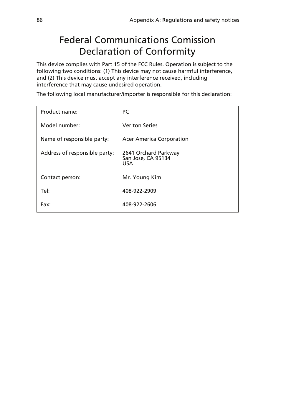 Communication devices (rss-210), Federal communications comission | Acer Veriton 6900Pro User Manual | Page 98 / 102