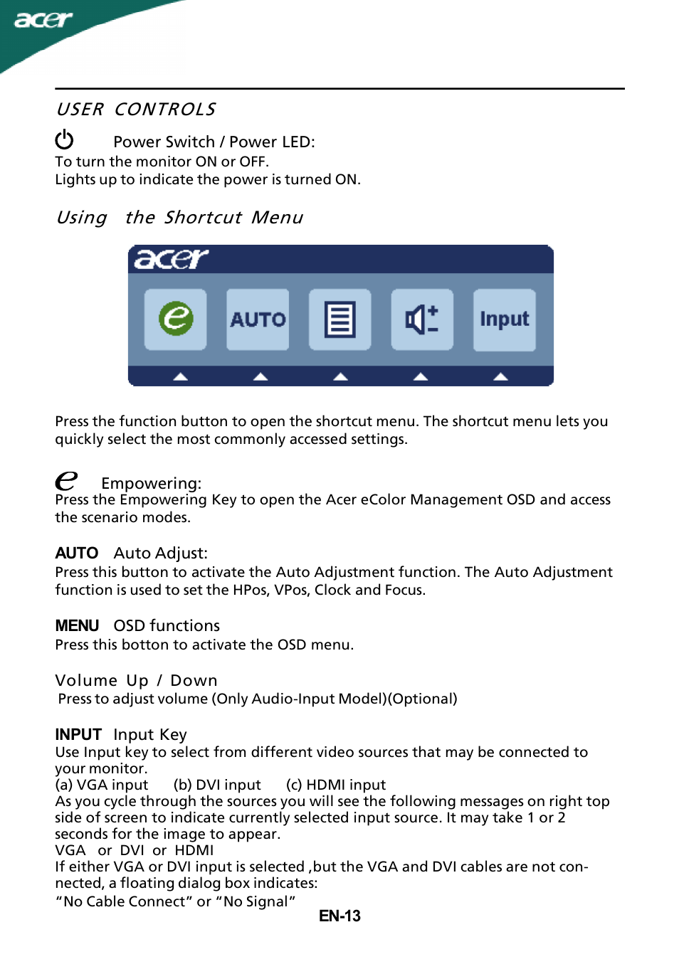 User controls, Using the shortcut menu | Acer P215H User Manual | Page 14 / 23