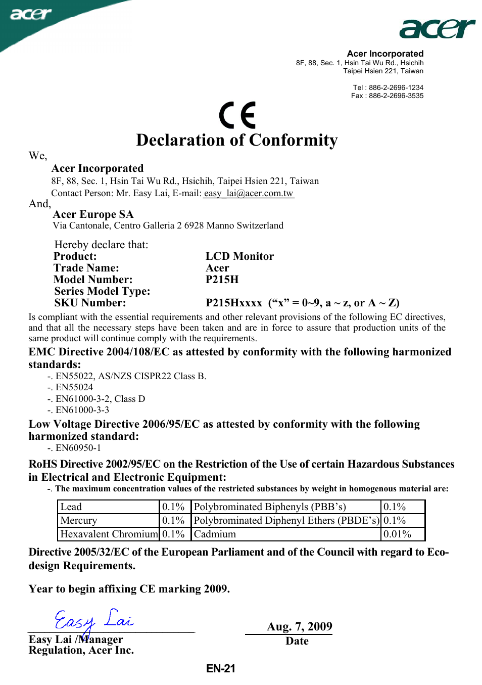 Declaration of conformity | Acer P215H User Manual | Page 22 / 23