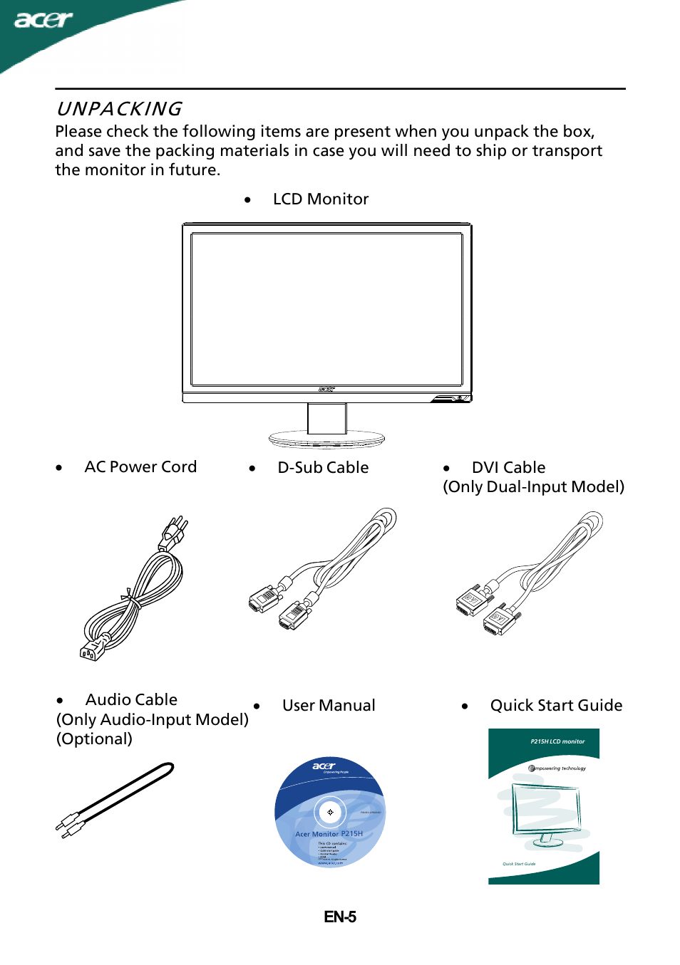 Unpacking | Acer P215H User Manual | Page 6 / 23