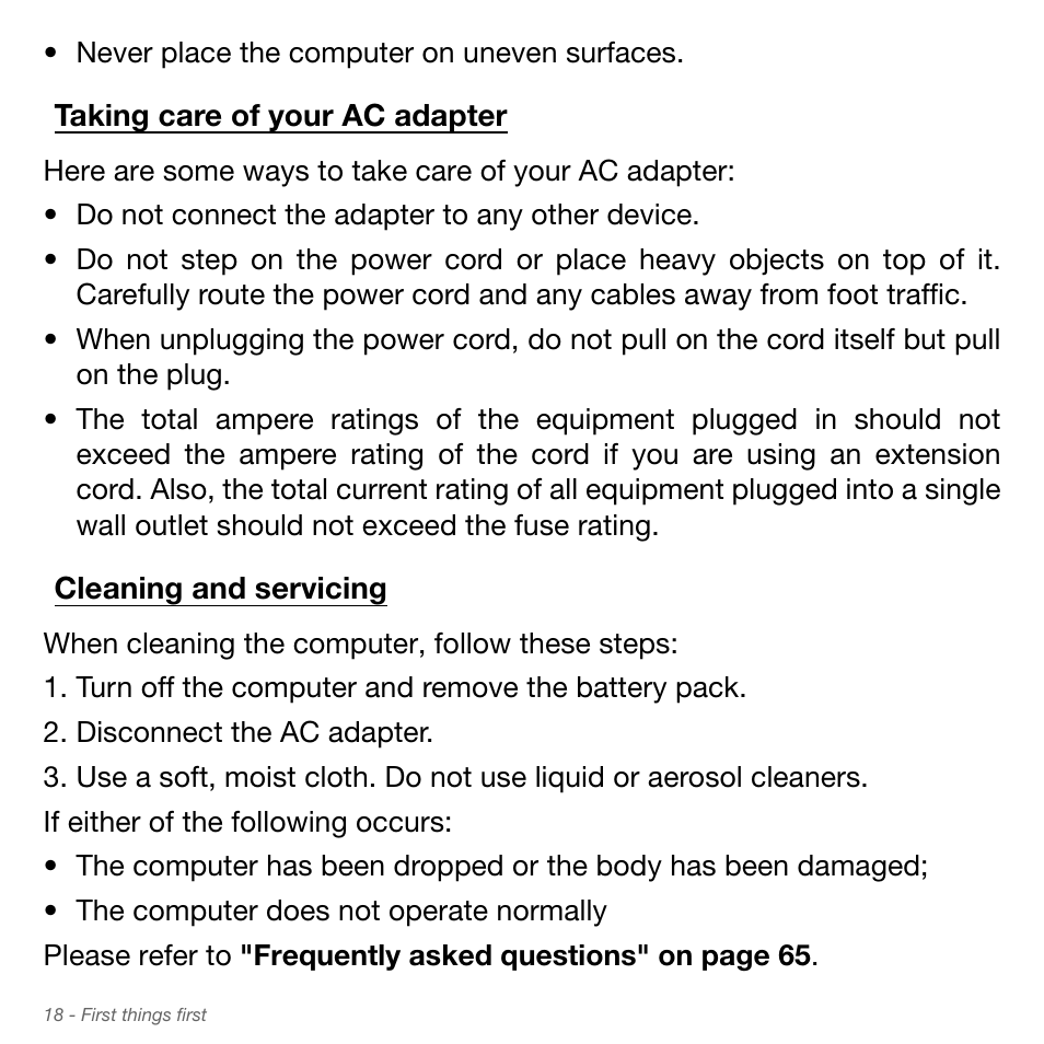 Taking care of your ac adapter, Cleaning and servicing | Acer Aspire S3-951 User Manual | Page 18 / 78