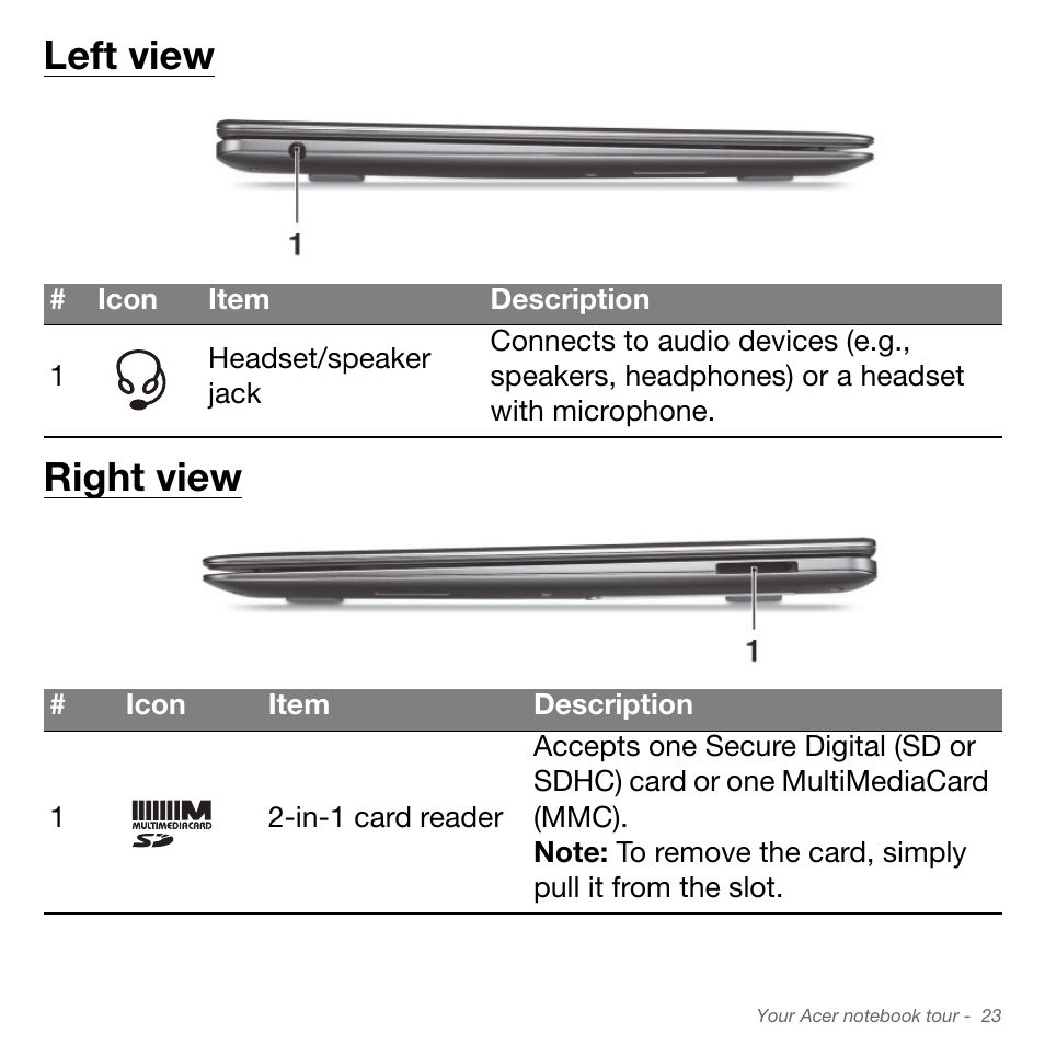 Left view, Right view, Left view right view | Acer Aspire S3-951 User Manual | Page 23 / 78