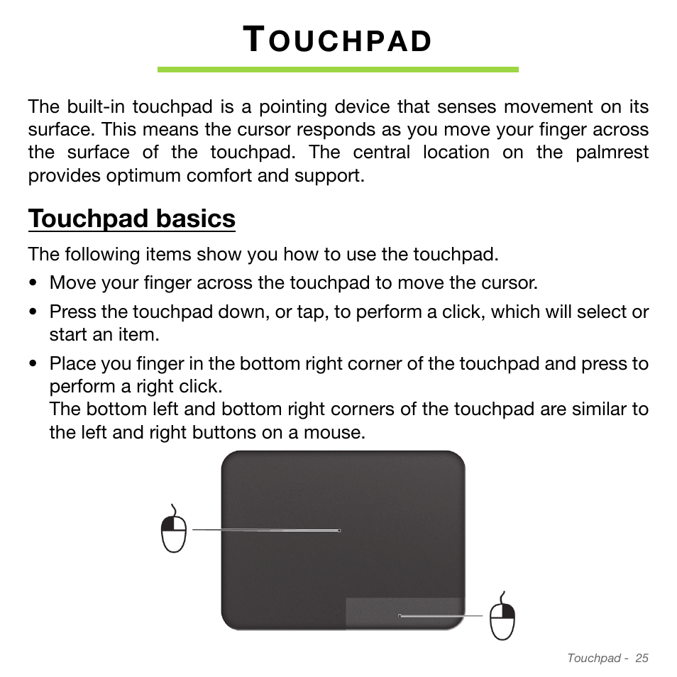 Touchpad, Touchpad basics | Acer Aspire S3-951 User Manual | Page 25 / 78