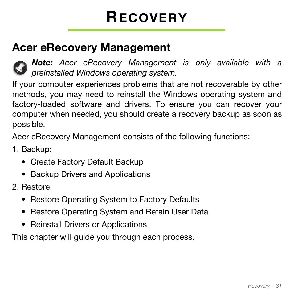 Recovery, Acer erecovery management | Acer Aspire S3-951 User Manual | Page 31 / 78