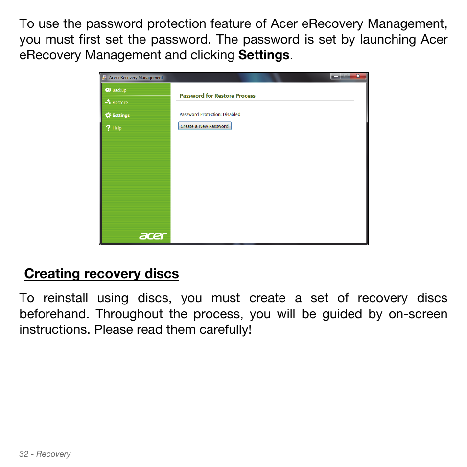 Creating recovery discs | Acer Aspire S3-951 User Manual | Page 32 / 78