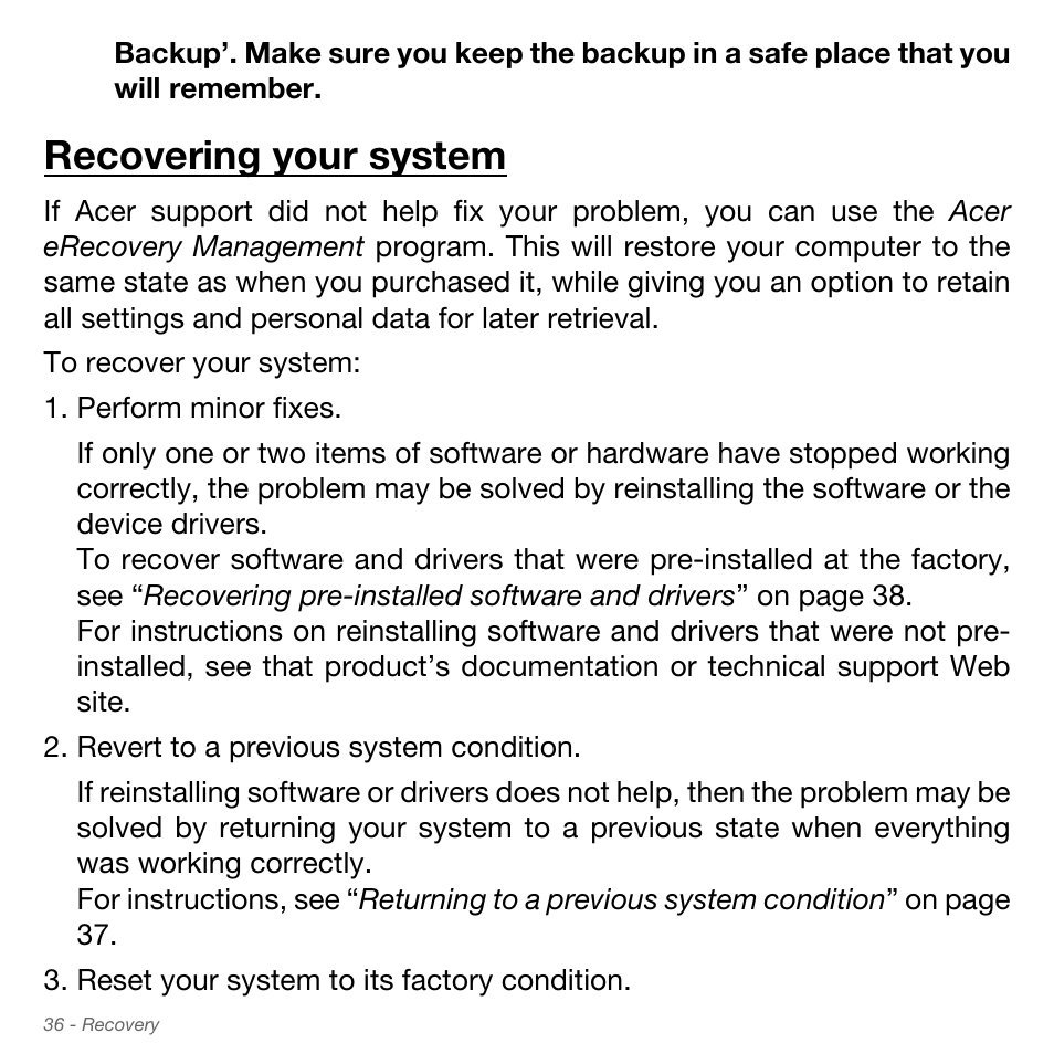 Recovering your system | Acer Aspire S3-951 User Manual | Page 36 / 78