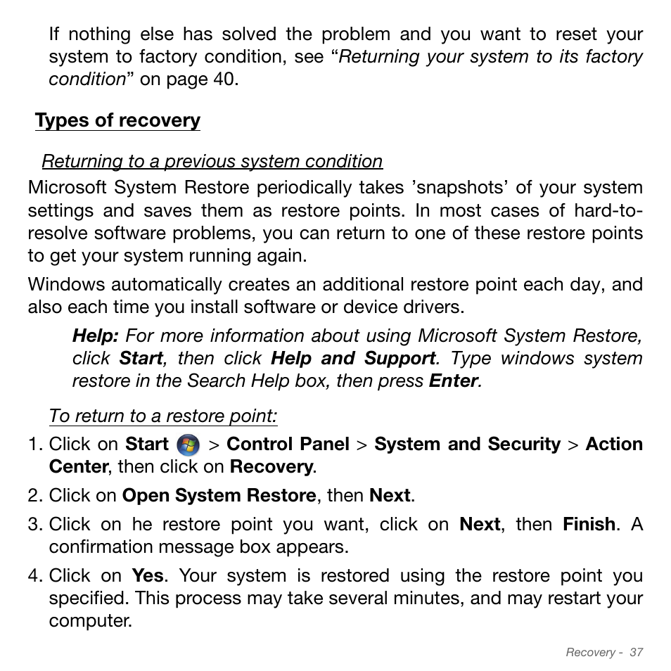 Types of recovery | Acer Aspire S3-951 User Manual | Page 37 / 78