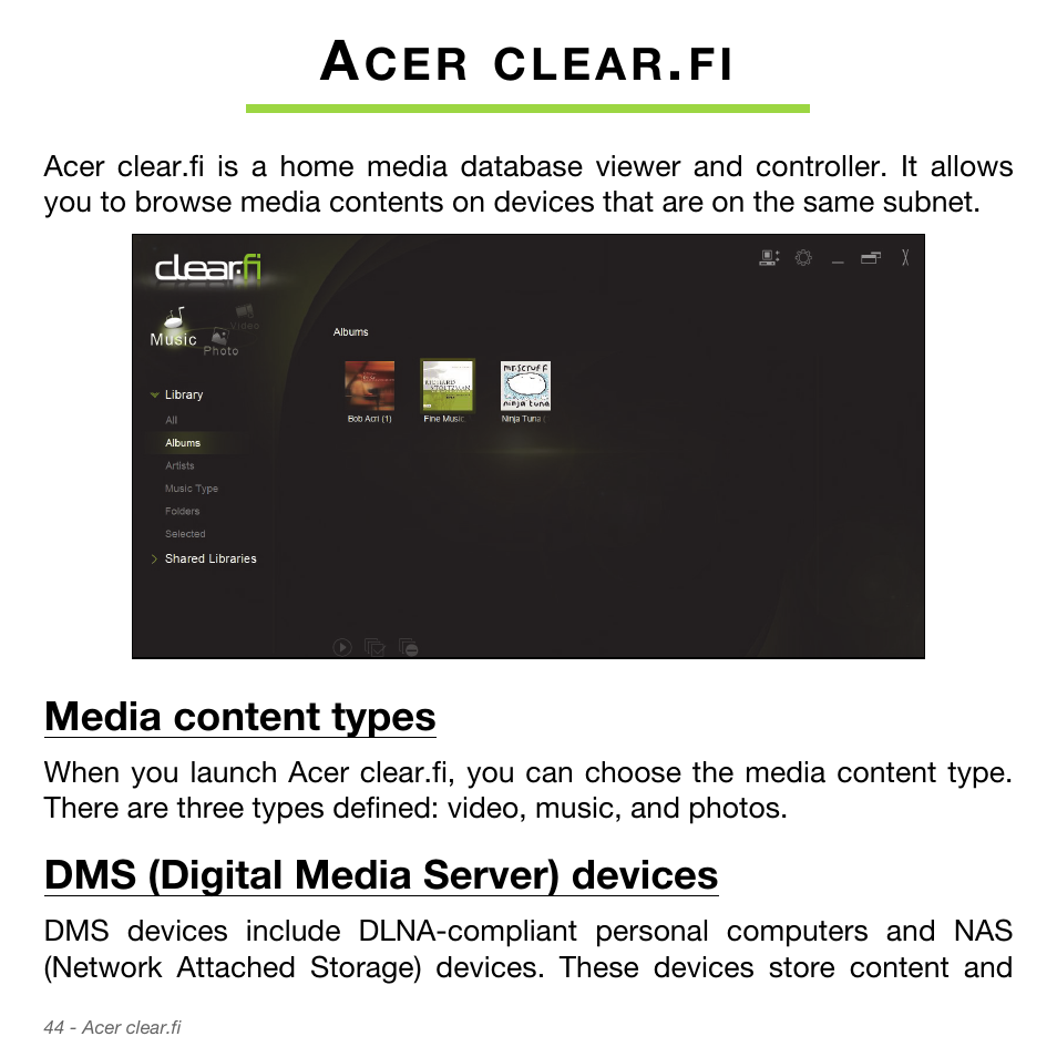 Acer clear.fi, Media content types, Dms (digital media server) devices | C e r | Acer Aspire S3-951 User Manual | Page 44 / 78
