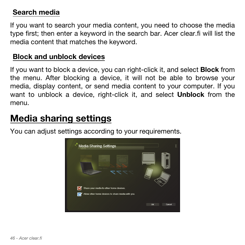 Search media, Block and unblock devices, Media sharing settings | Search media block and unblock devices | Acer Aspire S3-951 User Manual | Page 46 / 78