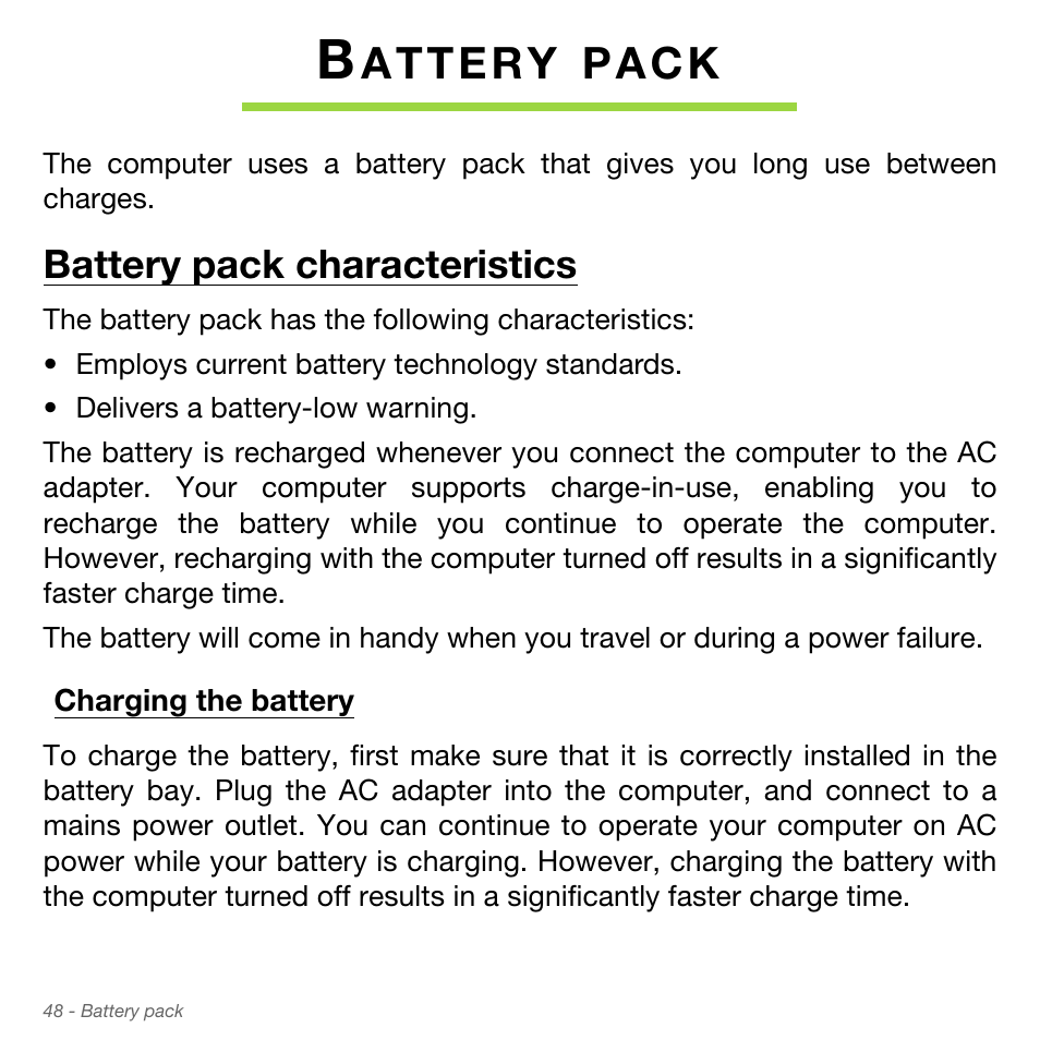 Battery pack, Battery pack characteristics, Charging the battery | P a c k | Acer Aspire S3-951 User Manual | Page 48 / 78