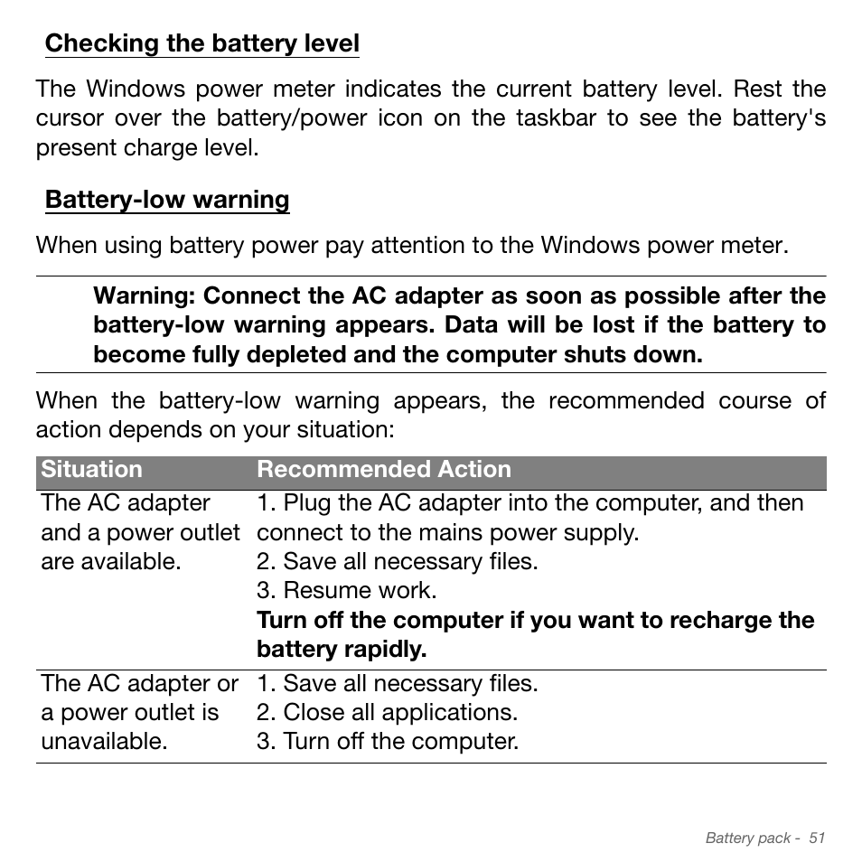 Checking the battery level, Battery-low warning, Checking the battery level battery-low warning | Acer Aspire S3-951 User Manual | Page 51 / 78
