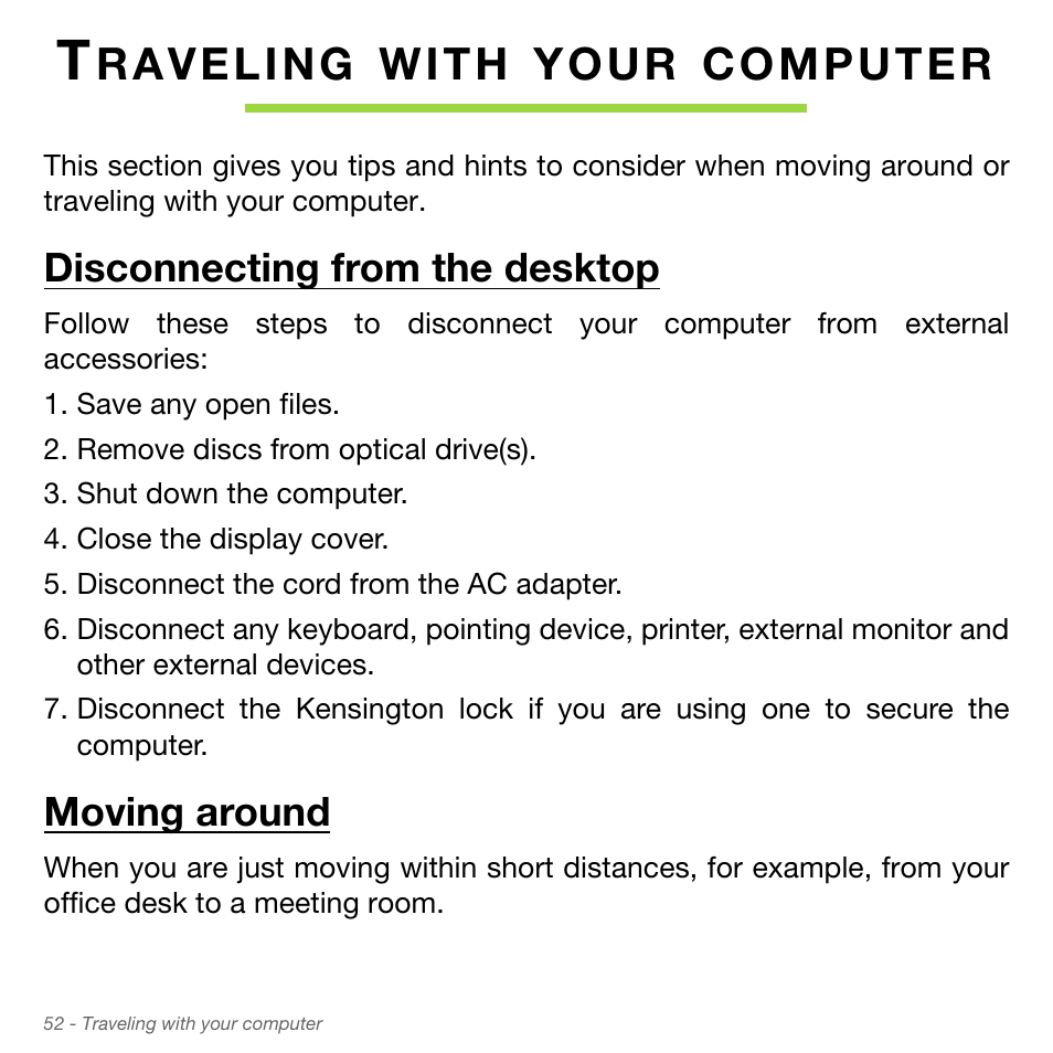 Traveling with your computer, Disconnecting from the desktop, Moving around | Disconnecting from the desktop moving around, W i t h, Y o u r | Acer Aspire S3-951 User Manual | Page 52 / 78