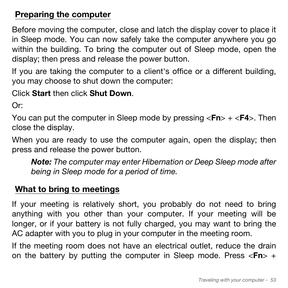 Preparing the computer, What to bring to meetings, Preparing the computer what to bring to meetings | Acer Aspire S3-951 User Manual | Page 53 / 78