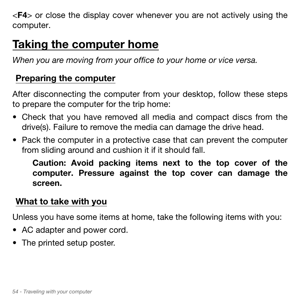 Taking the computer home, Preparing the computer, What to take with you | Preparing the computer what to take with you | Acer Aspire S3-951 User Manual | Page 54 / 78