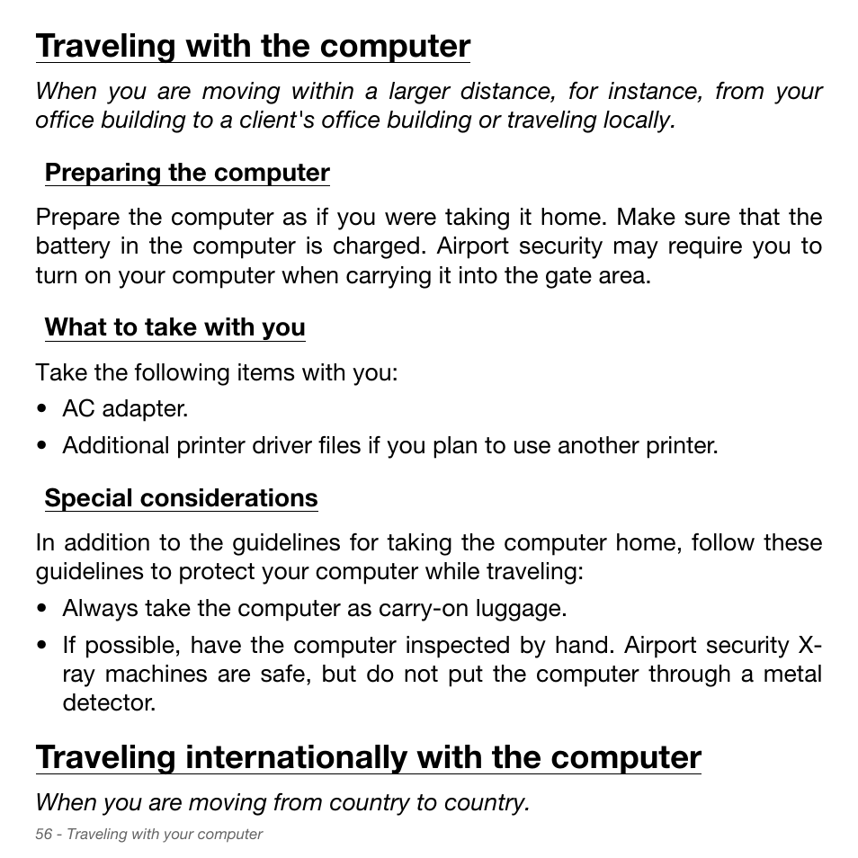 Traveling with the computer, Preparing the computer, What to take with you | Special considerations, Traveling internationally with the computer | Acer Aspire S3-951 User Manual | Page 56 / 78
