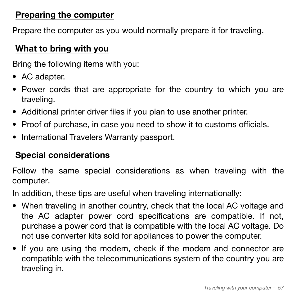 Preparing the computer, What to bring with you, Special considerations | Acer Aspire S3-951 User Manual | Page 57 / 78