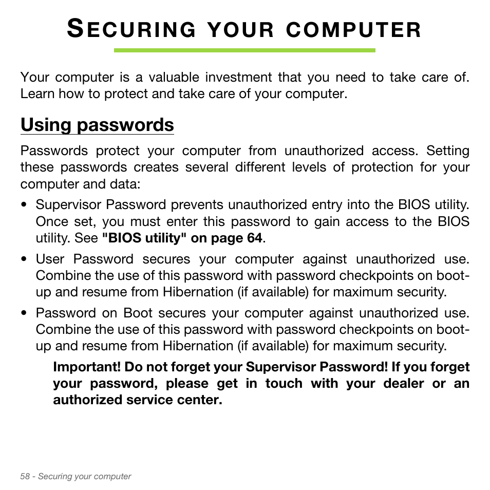 Securing your computer, Using passwords, Y o u r | Acer Aspire S3-951 User Manual | Page 58 / 78