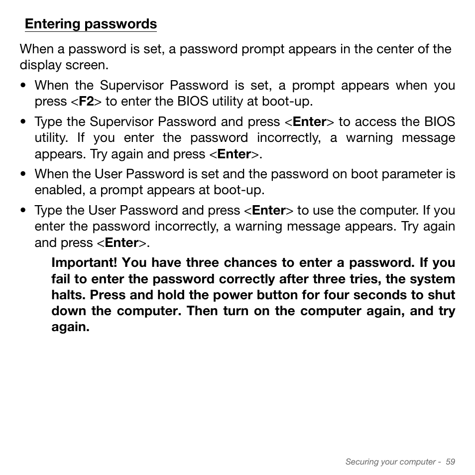 Entering passwords | Acer Aspire S3-951 User Manual | Page 59 / 78