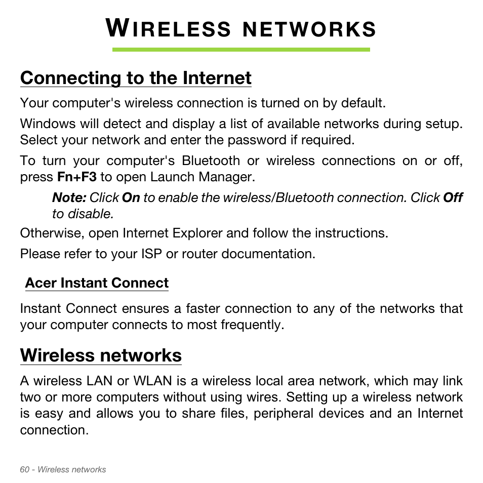 Wireless networks, Connecting to the internet, Acer instant connect | Acer Aspire S3-951 User Manual | Page 60 / 78